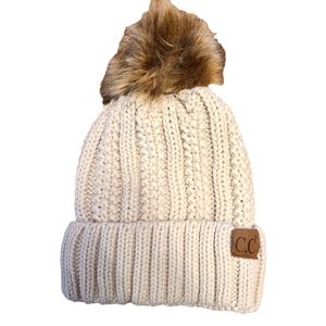 C.C Beanie Thick Cable Knit Faux Fuzzy Fur Pom Cuffed Winter Stocking Cap White